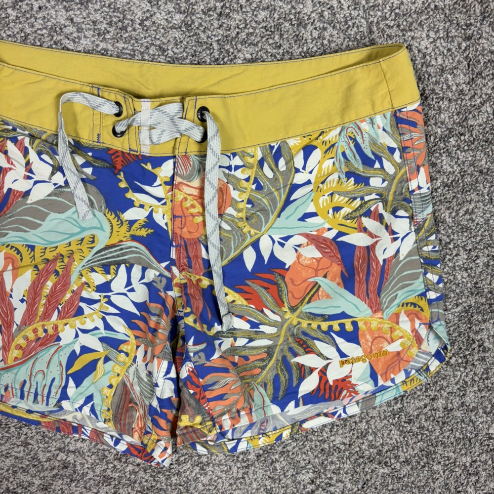 Patagonia Blue Tropical Print Shorts with Yellow Waistband